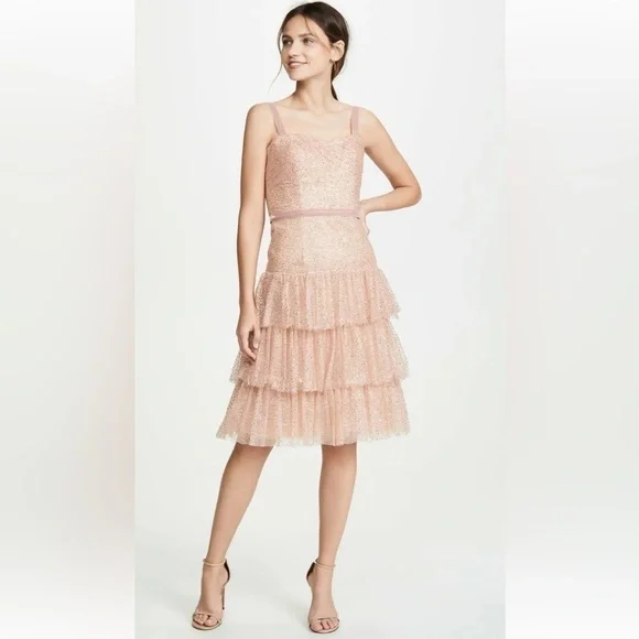NWT Marchesa Notte Womens Glitter Tulle Cocktail Dress Rose Gold Size 4